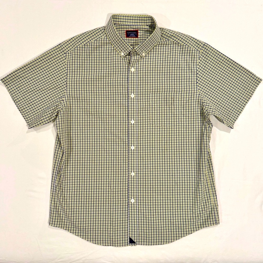 UNTUCKit Amontillado Button Down Shirt Mens Large Lime White Navy Plaid Checks